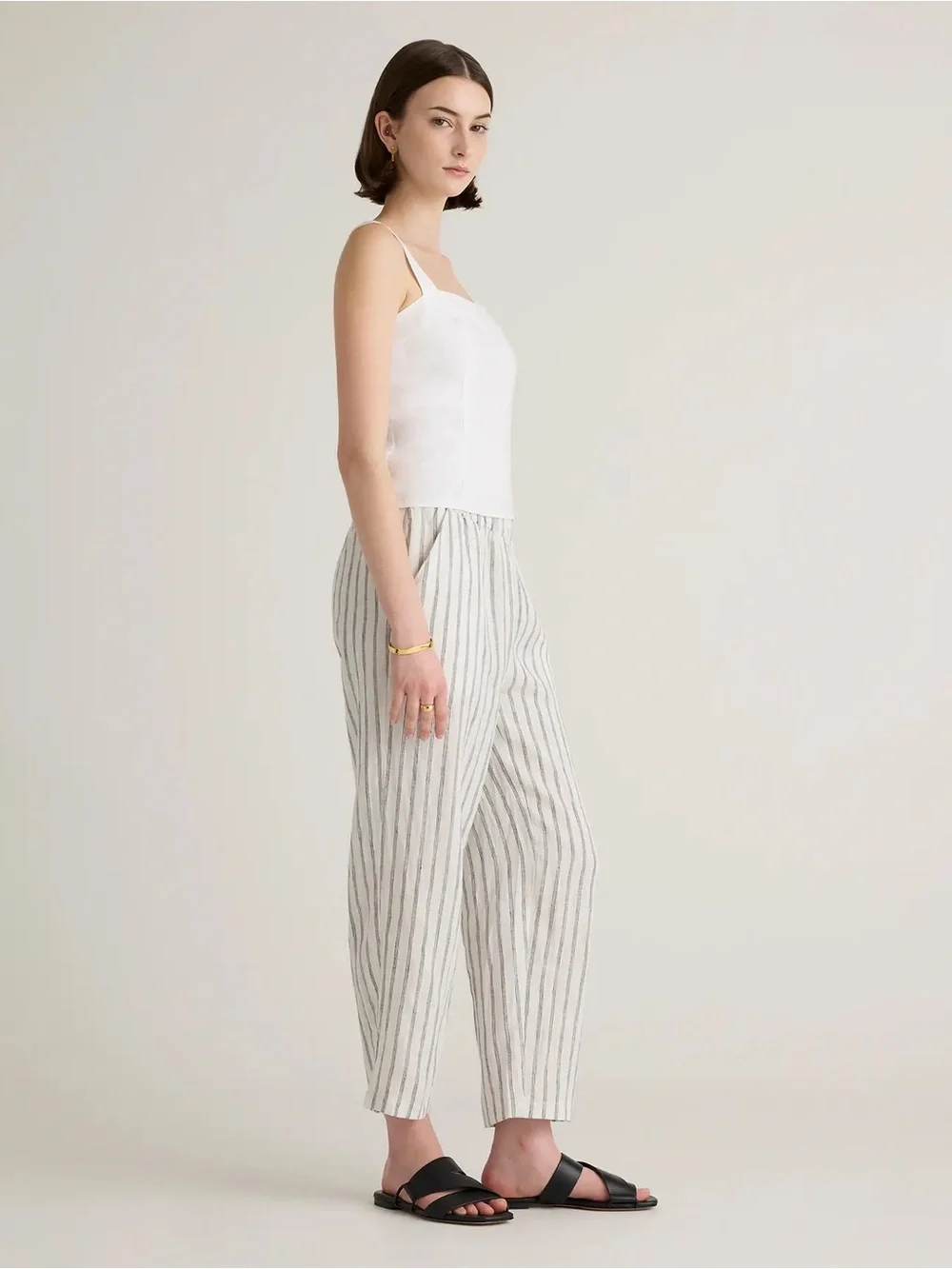 Quince 100% European Linen Pants Oatmeal Black Stripe Size Small